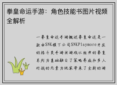 拳皇命运手游：角色技能书图片视频全解析
