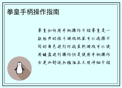 拳皇手柄操作指南