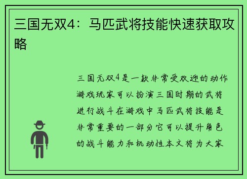 三国无双4：马匹武将技能快速获取攻略