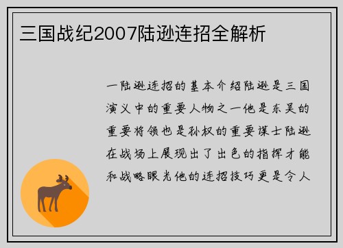 三国战纪2007陆逊连招全解析